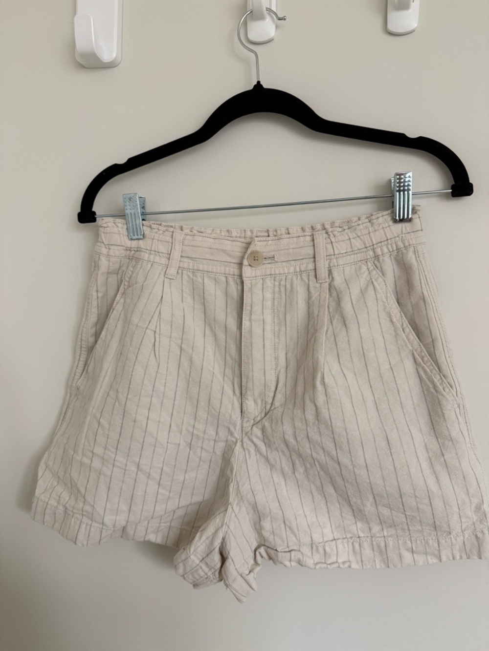 Striped Light Beige Casual Linen-Blend Shorts